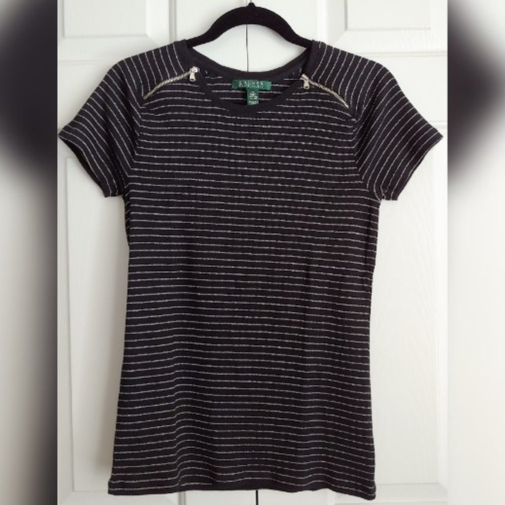 RALPH LAUREN Stripped Black & Silver T Shirt w/zippers Short Sleeves M
